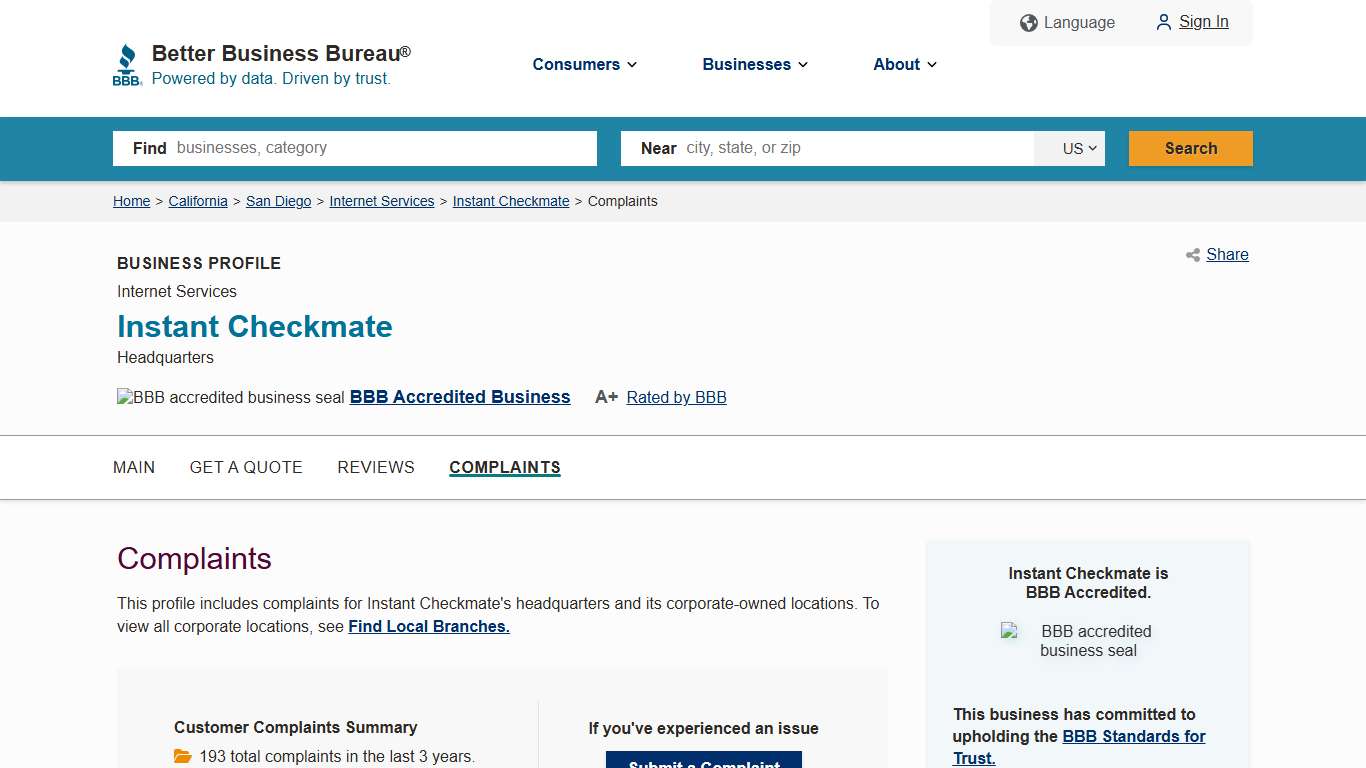Instant Checkmate BBB Complaints Better Business Bureau